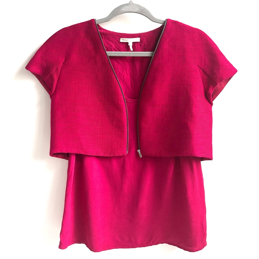Maje Lexie Layered Rose Red Sleeveless Top Blouse With Cropped Jacket Sz 1/Small